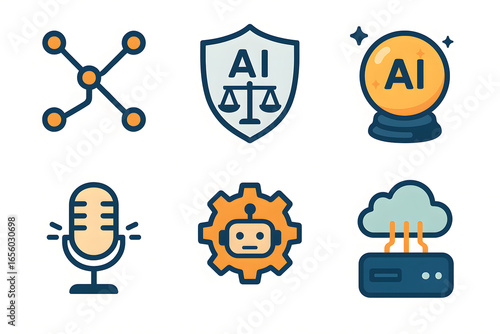AI and Technology Icons: A set of captivating digital icons, showcasing the interconnected world of artificial intelligence, each one a symbol of technological innovation and future possibilities.