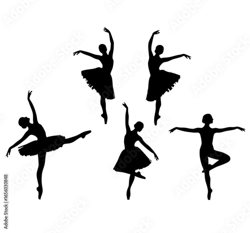 Silhouetted Ballet Dancers in Elegant Poses on White Background