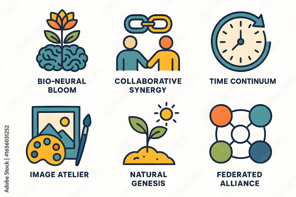Fototapeta premium Illustrated Conceptual Icons: Six vector-based concept icons that represent a synergy of creativity and development. The concepts of biological-neural bloom, collaborative synergy, time continuum.
