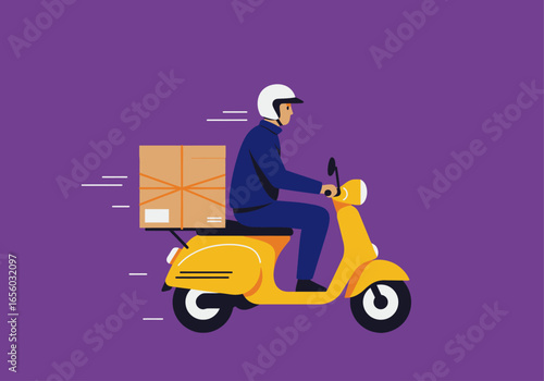 A delivery person wearing a helmet rides a yellow scooter with a package secured on the back, symbolizing fast and efficient logistics.