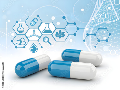 Pharmaceutical Industry Banner with Pills and Molecule Background