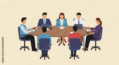 Businesspeople seated around a conference table, engaged in a meeting.