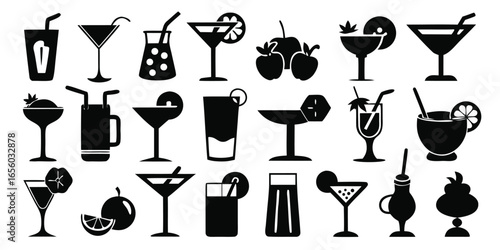 Elegant Cocktail Silhouettes A Black and White Collection of Refreshing Beverages for Design Projects and Creative Visuals