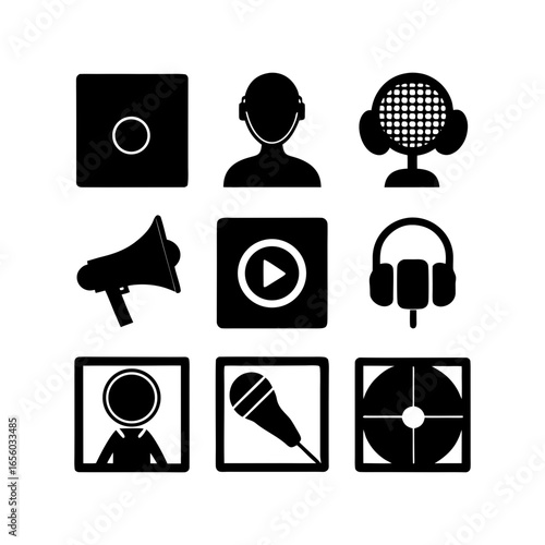Black and white icons featuring a microphone, headphones, speaker, and play button in a grid layout