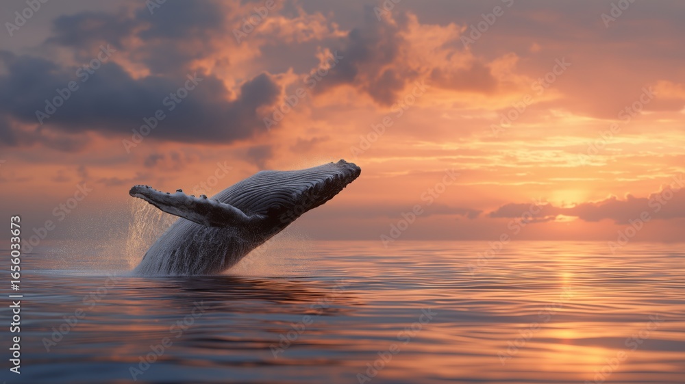 Fototapeta premium A whale leaps gracefully from the water as the sun sets, casting golden hues across the ocean.