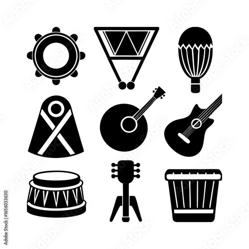 Collection of nine black and white musical instruments including drums and stringed instruments in a set