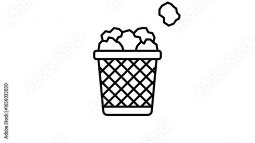Animated wastebasket with crumpled paper in line icon style, suitable for office supplies, environmental cleanliness and recycling concept illustrations