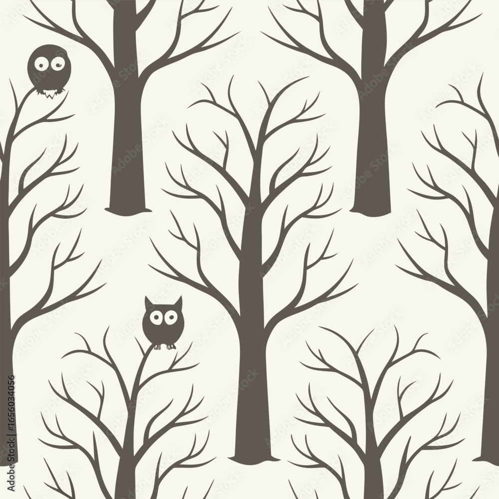 Obraz premium Seamless pattern of dark brown bare trees and cute owls on light background branch nature