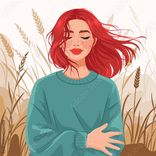 Vector fashion illustration of a red-haired woman in nature, symbolizing self-love, beauty, and inner peace. Perfect for lifestyle, wellness, and fashion design projects.