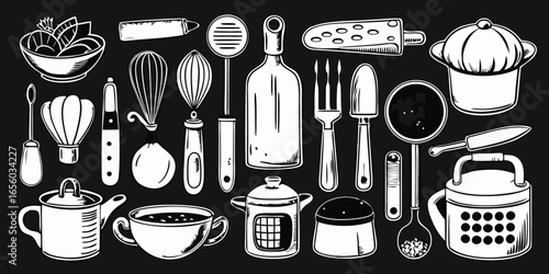 Kitchen Utensils and Cookware Collection Whimsical Line Art Depicting Essential Tools for Cooking Baking and Serving Meals