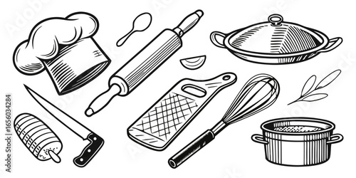 Monochrome Culinary Composition Featuring Classic Cooking and Baking Utensils Depicted in Detailed Line Art Style and Kitchen Essentials
