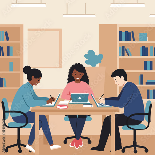 Three diverse students collaborating and studying together at a table in a library, using laptops and notebooks.