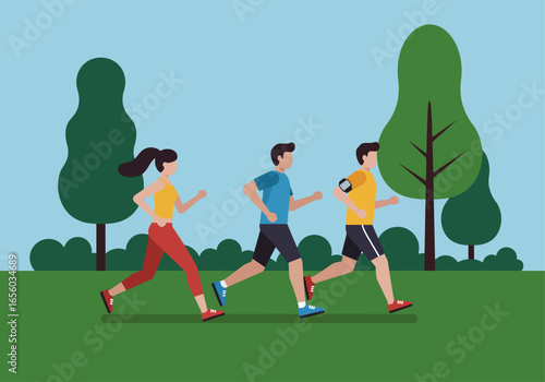 Three people jogging outdoors in a green park with trees and blue sky.