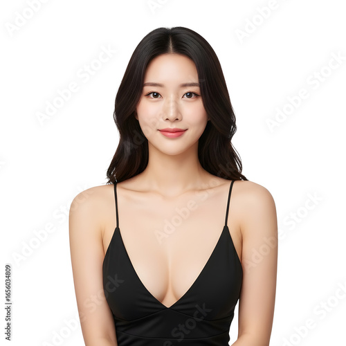 Beautiful Asian woman with perfect body shape after breast augmentation. Korean plastic surgery, aesthetic medicine, and body contouring concept.