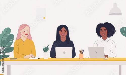 Diverse female colleagues of various races collaborating in a meeting, fostering teamwork and inclusive decision-making in a business setting, Generative AI