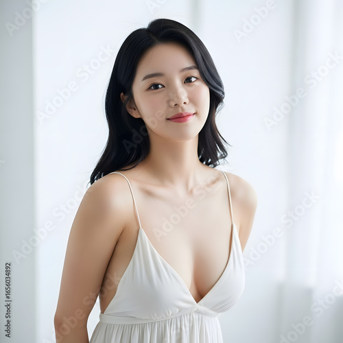 Beautiful Asian woman with perfect body shape after breast augmentation. Korean plastic surgery, aesthetic medicine, and body contouring concept.