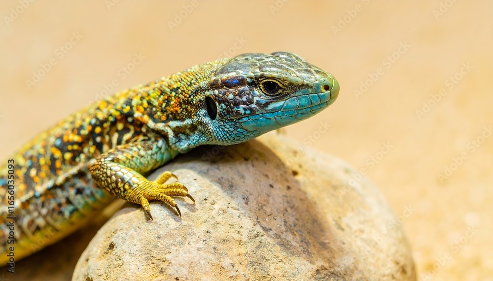Fototapeta premium A vibrantly colored lizard rests on a stone, showcasing its intricate patterns and striking turquoise hues against a light beige backdrop.