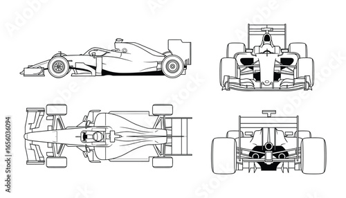 Modern Formula Racing Car Blueprint Views: Side, Front, Top, and Rear Technical Drawing