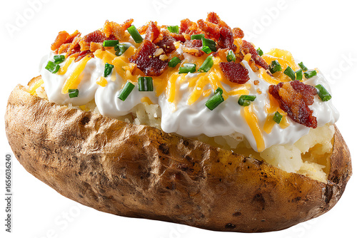Baked potato topped with sour cream, cheese, chives, and crispy bacon, isolated on a white background.