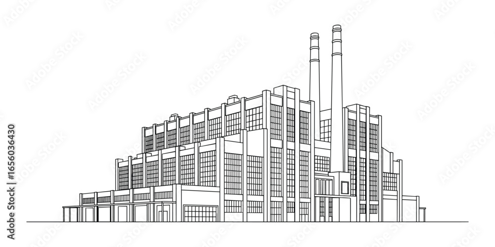 Fototapeta premium Detailed architectural line drawing of a large industrial power plant with two chimneys.