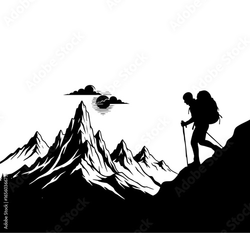 Silhouette of Lone Hiker Climbing Mountain with Scenic Peaks