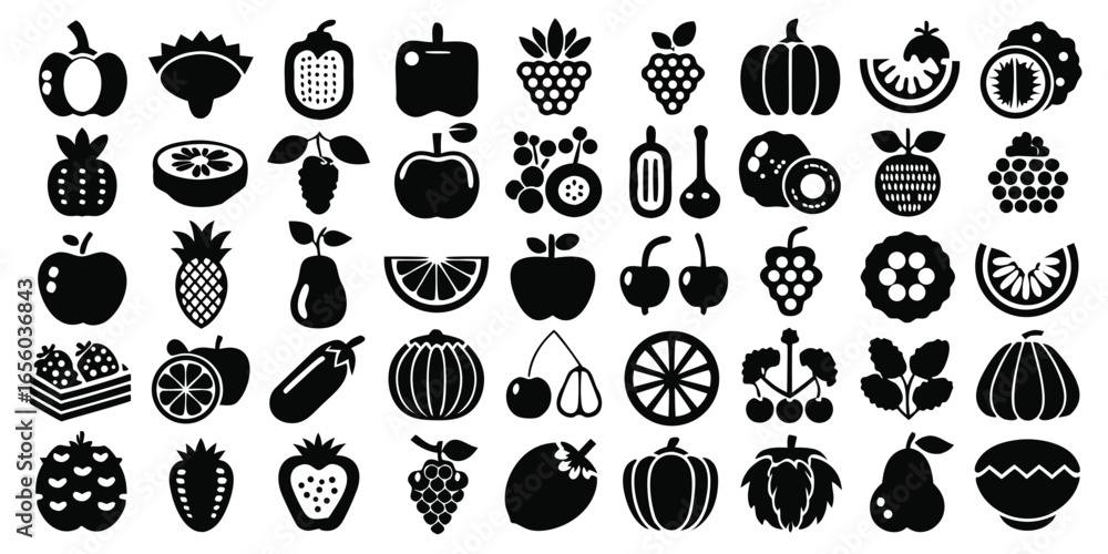 Fototapeta premium Diverse Selection of Black and White Fruit and Vegetable Icons Displaying Various Shapes and Textures in a Neat Grid Arrangement