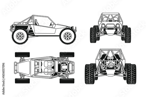 Detailed technical drawing of a dune buggy, showing side, front, top and rear views.