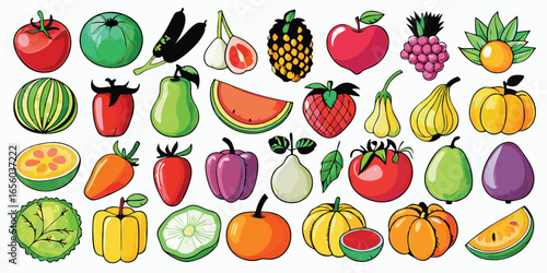Vibrant Assortment of Cartoon Fruits and Vegetables An Abundance of Fresh Produce for Healthy Eating and Colorful Visual Appeal