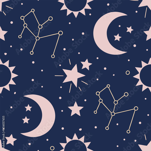 Seamless pattern of pastel celestial bodies and constellations on navy blue vector