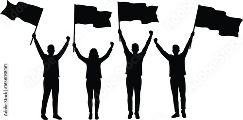 Group of diverse people waving flags, celebrating victory, unity, teamwork, protest, demonstration, empowerment, activism, freedom, rally, togetherness, support.