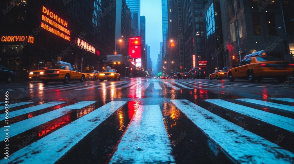 Fototapeta premium City Street with Yellow Taxis and Crosswalk on Rainy Night