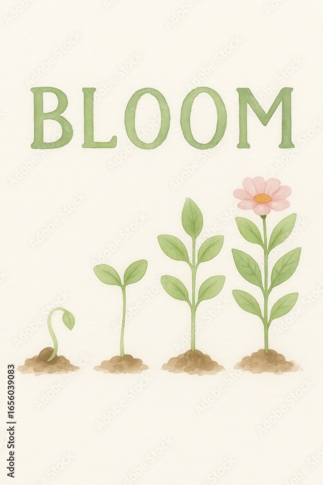Fototapeta premium Watercolor illustration of a plant's growth stages from seed to bloom