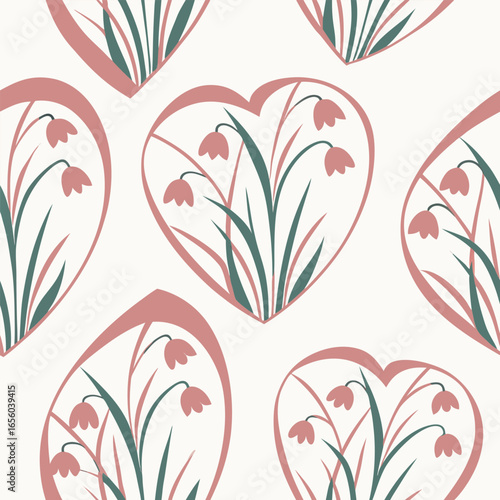 Seamless pattern of pink hearts with green floral stems and pink bell flowers love