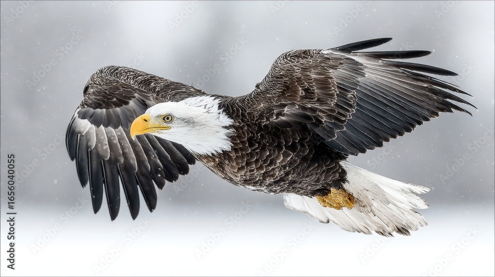 Fototapeta premium Majestic Bald Eagle in Flight Against a Snowy Winter Background