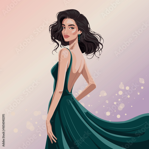 Elegant fashion vector of a woman in a backless evening dress, symbolizing beauty, self-love, and style. Perfect for fashion design, luxury branding, lifestyle and aesthetic projects.