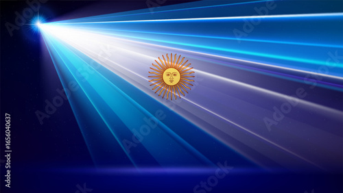Laser flag of argentina. Laser show on dark blue background. Argentine national flag. Template of banner, poster for national patriotic holiday of argentina. Place for text. Copy space. Vector
