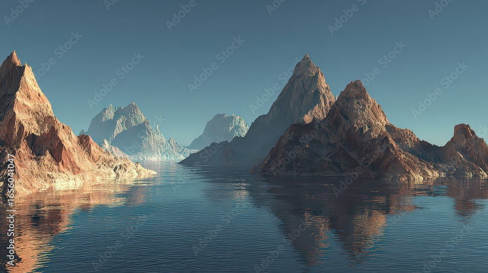 Obraz premium Digital Mountain Landscape With Water Reflection