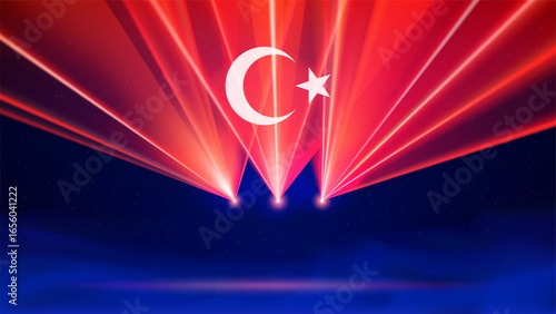 Laser flag of turkey. Turkish abstract flag. Laser show on dark blue background. Multicolor template of banner, poster for national holiday of turkey. Place for text. Copy space. Vector