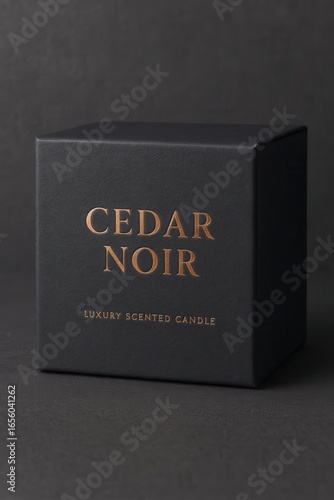 Black luxury scented candle box with copper text on dark background.