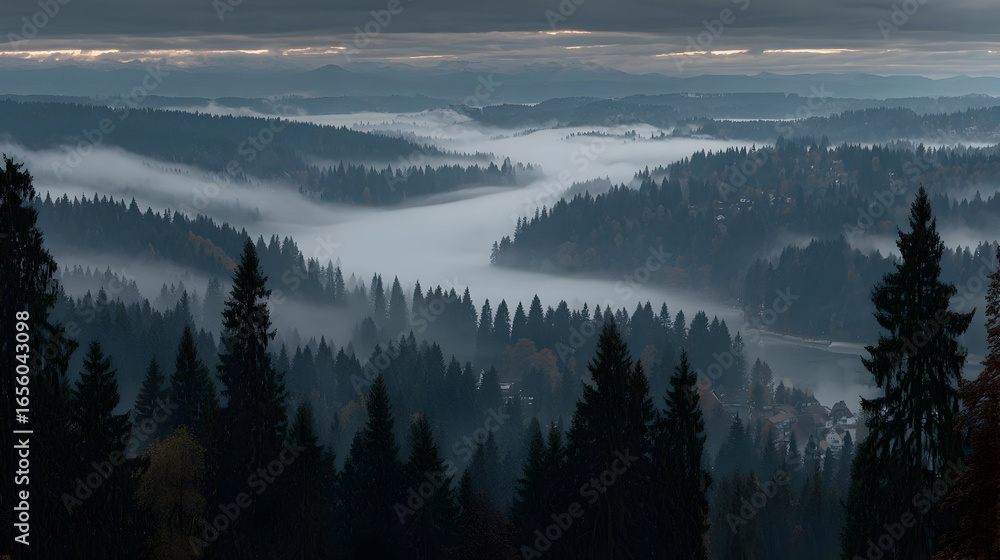 Obraz premium mountain ridge at dawn with silhouette trees and soft layers of clouds below