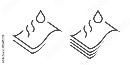 Fast quick absorption cloth surface icon icon simple line stroke outline graphic set, easy dry double layer fabric textile fiber material with water drop sign symbol, instant heat sheets structure