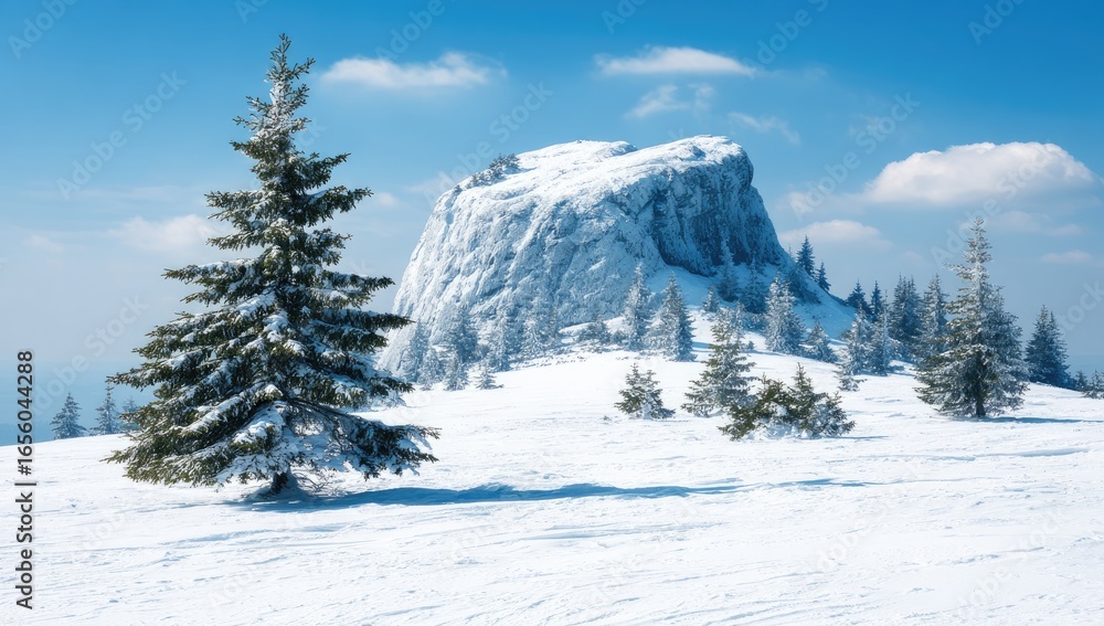Obraz premium Snowy mountain peak with coniferous trees