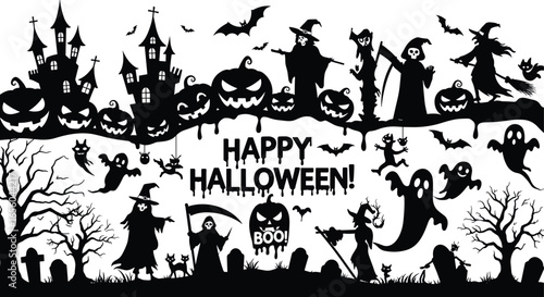 Halloween spooky haunted house pumpkins witches ghosts bats skeletons scary graveyard creepy autumn night festive decorations