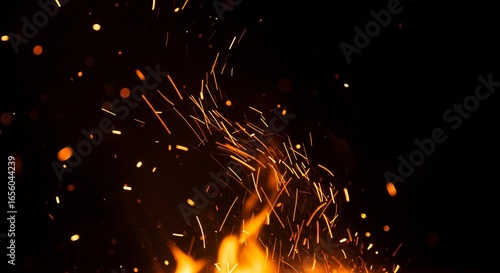 A close-up of fire with orange sparks emanating upwards against a black background. The fire is primarily located at the bottom of the frame