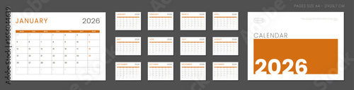 Set of 2026 Calendar Planner Template Pages Monthly, Cover with Place for Photo and Company Logo. Vector layout of a wall or desk organizer grid with week start Sunday ready print. Pages A4-21x29.7cm