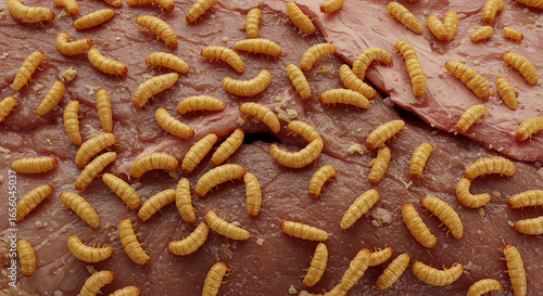 Close-up view of numerous small, light-brown worms on a dark-brown, textured surface.