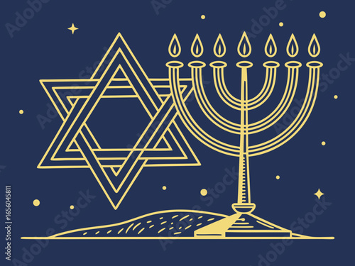 large golden Star of David, Happy Hanukkah of Jewish holiday Hanukkah, Holiday, celebrate a holiday. clean vector lines