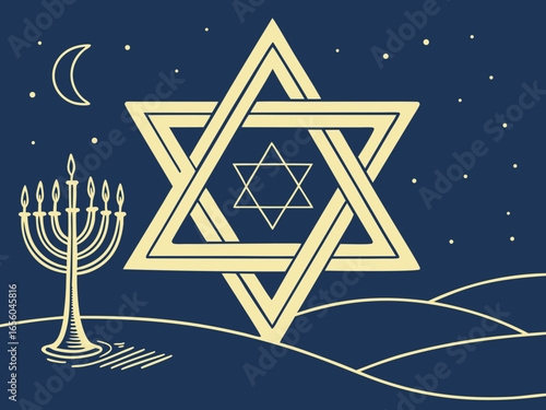 large golden Star of David, Happy Hanukkah of Jewish holiday Hanukkah, Holiday, celebrate a holiday. clean vector lines