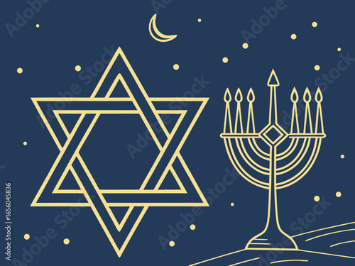 large golden Star of David, Happy Hanukkah of Jewish holiday Hanukkah, Holiday, celebrate a holiday. clean vector lines