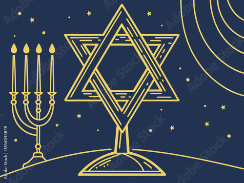 large golden Star of David, Happy Hanukkah of Jewish holiday Hanukkah, Holiday, celebrate a holiday. clean vector lines